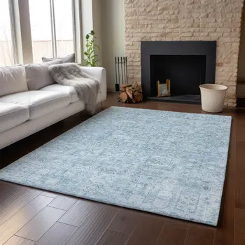 9' X 12' Sky Blue And Ivory Floral Washable Area Rug With UV Protection