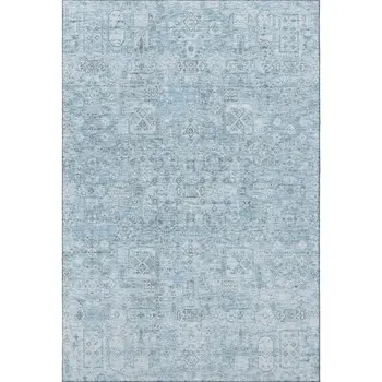 9' X 12' Sky Blue And Ivory Floral Washable Area Rug With UV Protection