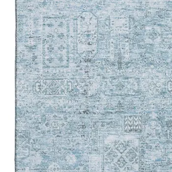 10' X 14' Sky Blue And Ivory Floral Washable Area Rug With UV Protection