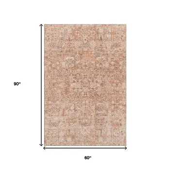 5' X 8' Salmon Gray And Ivory Floral Washable Area Rug With UV Protection