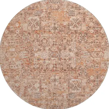 8' Salmon Gray And Ivory Floral Washable Round Rug With UV Protection