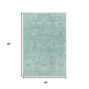 3' X 5' Teal And Ivory Floral Washable Area Rug With UV Protection