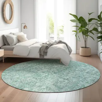 8' Teal And Ivory Floral Washable Round Rug With UV Protection