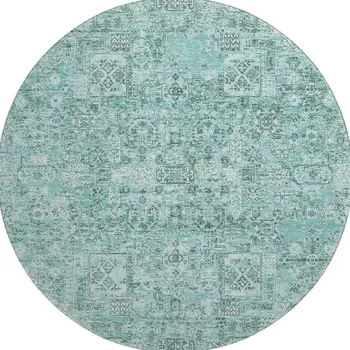 8' Teal And Ivory Floral Washable Round Rug With UV Protection