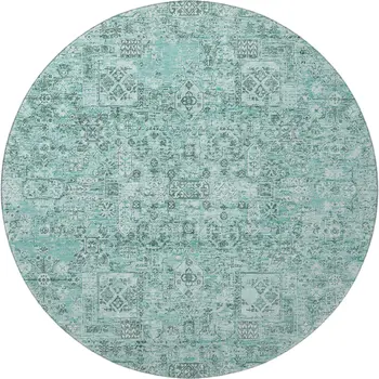 8' Teal And Ivory Floral Washable Round Rug With UV Protection