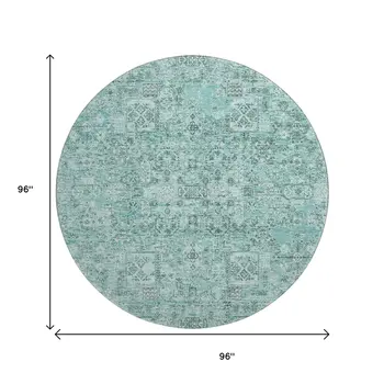 8' Teal And Ivory Floral Washable Round Rug With UV Protection