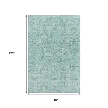 8' X 10' Teal And Ivory Floral Washable Area Rug With UV Protection