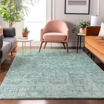 9' X 12' Teal And Ivory Floral Washable Area Rug With UV Protection