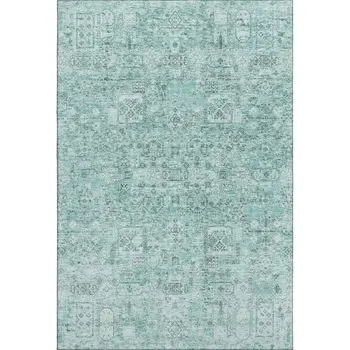 9' X 12' Teal And Ivory Floral Washable Area Rug With UV Protection