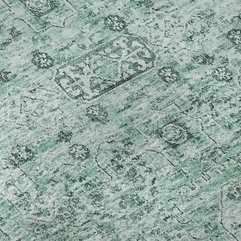 9' X 12' Teal And Ivory Floral Washable Area Rug With UV Protection