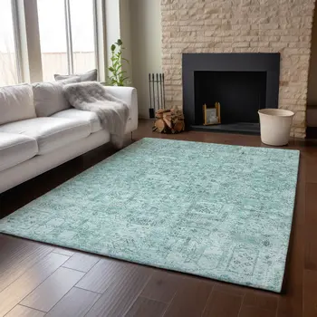9' X 12' Teal And Ivory Floral Washable Area Rug With UV Protection