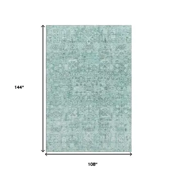 9' X 12' Teal And Ivory Floral Washable Area Rug With UV Protection