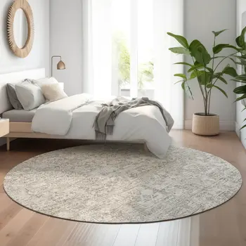 8' Taupe And Ivory Floral Washable Round Rug With UV Protection