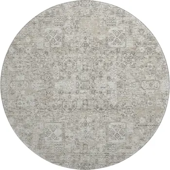 8' Taupe And Ivory Floral Washable Round Rug With UV Protection