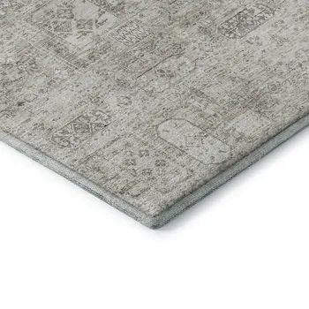 8' Taupe And Ivory Floral Washable Round Rug With UV Protection