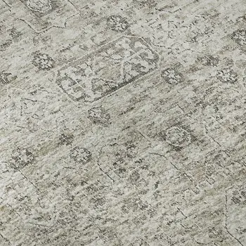8' Taupe And Ivory Floral Washable Round Rug With UV Protection