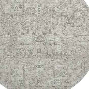 8' Taupe And Ivory Floral Washable Round Rug With UV Protection