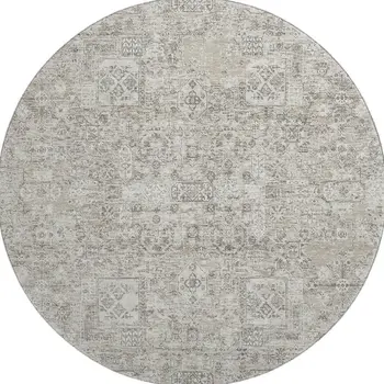 8' Taupe And Ivory Floral Washable Round Rug With UV Protection