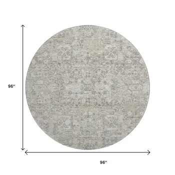 8' Taupe And Ivory Floral Washable Round Rug With UV Protection