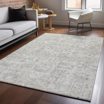 8' X 10' Taupe And Ivory Floral Washable Area Rug With UV Protection