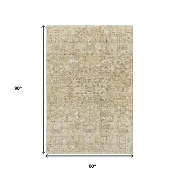 5' X 8' Wheat Gray And Ivory Floral Washable Area Rug With UV Protection