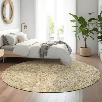 8' Wheat Gray And Ivory Floral Washable Round Rug With UV Protection