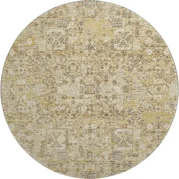 8' Wheat Gray And Ivory Floral Washable Round Rug With UV Protection