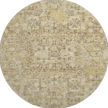 8' Wheat Gray And Ivory Floral Washable Round Rug With UV Protection