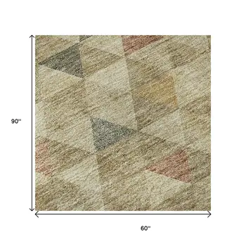 5' X 8' Beige Red And Salmon Geometric Washable Area Rug With UV Protection