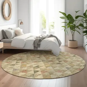8' Beige Red And Salmon Geometric Washable Round Rug With UV Protection