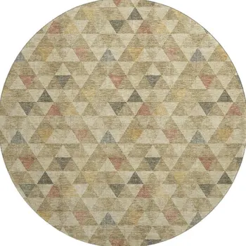 8' Beige Red And Salmon Geometric Washable Round Rug With UV Protection