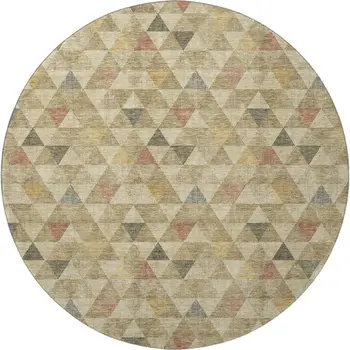8' Beige Red And Salmon Geometric Washable Round Rug With UV Protection