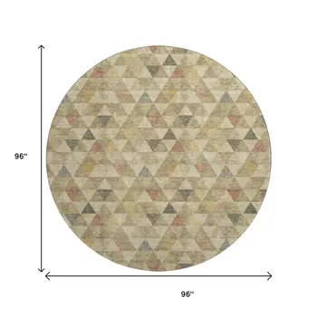 8' Beige Red And Salmon Geometric Washable Round Rug With UV Protection