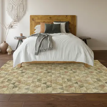 9' X 12' Beige Red And Salmon Geometric Washable Area Rug With UV Protection