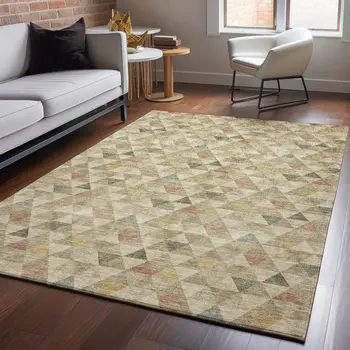 10' X 14' Beige Red And Salmon Geometric Washable Area Rug With UV Protection