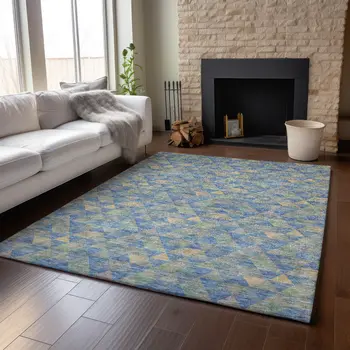 3' X 5' Blue Gold And Gray Geometric Washable Area Rug With UV Protection