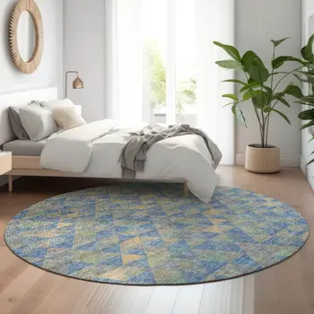 8' Blue Gold And Gray Geometric Washable Round Rug With UV Protection