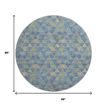 8' Blue Gold And Gray Geometric Washable Round Rug With UV Protection