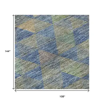9' X 12' Blue Gold And Gray Geometric Washable Area Rug With UV Protection