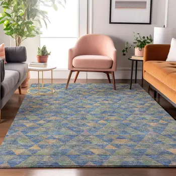 10' X 14' Blue Gold And Gray Geometric Washable Area Rug With UV Protection