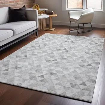 5' X 8' Silver And Ivory Geometric Washable Area Rug With UV Protection