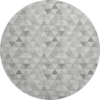 8' Silver And Ivory Geometric Washable Round Rug With UV Protection