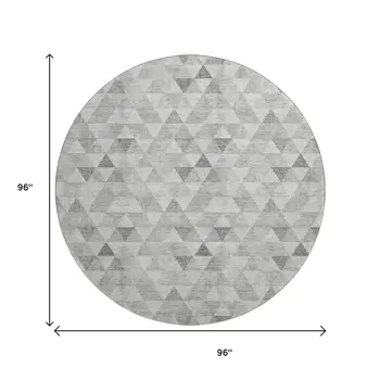 8' Silver And Ivory Geometric Washable Round Rug With UV Protection