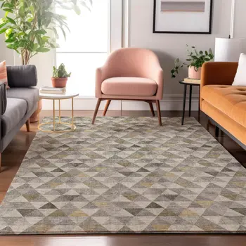8' X 10' Taupe Gold And Ivory Geometric Washable Area Rug With UV Protection