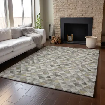 10' X 14' Taupe Gold And Ivory Geometric Washable Area Rug With UV Protection