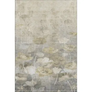 3' X 5' Beige Gray And Ivory Floral Washable Area Rug With UV Protection