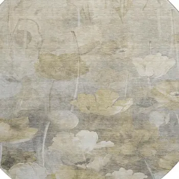 8' Beige Gray And Ivory Floral Washable Round Rug With UV Protection