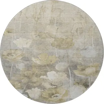 8' Beige Gray And Ivory Floral Washable Round Rug With UV Protection