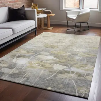 9' X 12' Beige Gray And Ivory Floral Washable Area Rug With UV Protection