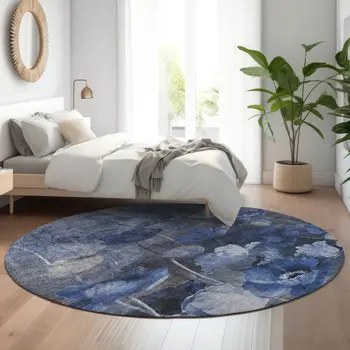 8' Blue Ivory And Gray Floral Washable Round Rug With UV Protection
